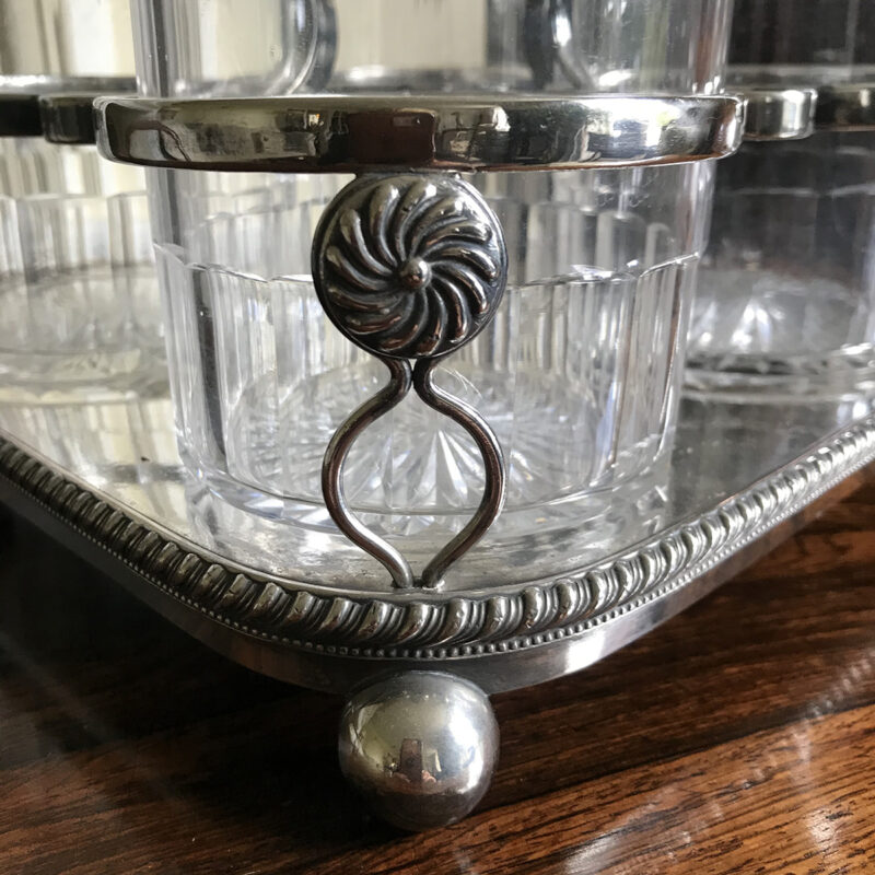 19c Silver Plate Decanter Stand with Four Cut Crystal Decanters
