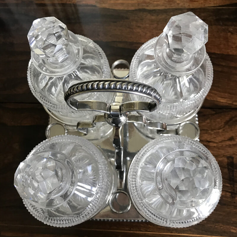 19c Silver Plate Decanter Stand with Four Cut Crystal Decanters