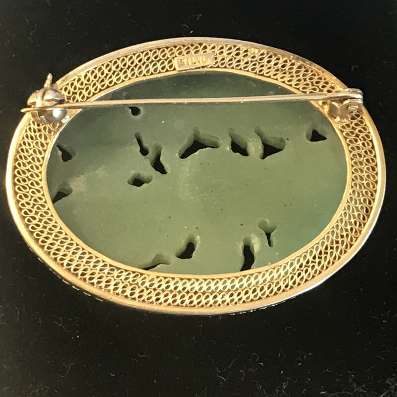 Chinese Carved Jade Brooch set in Silver Gilt