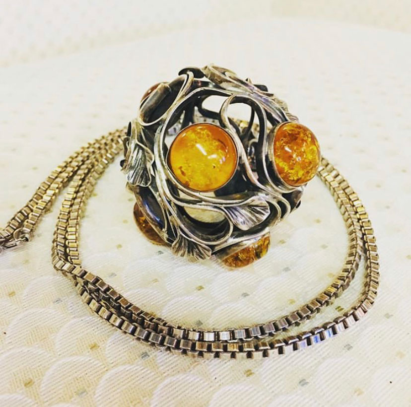 Silver Chain with Baltic Amber & Silver ‘Orb’ Pendant