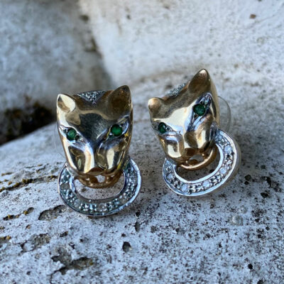 9ct Gold, Diamond & Emerald Panther Earrings