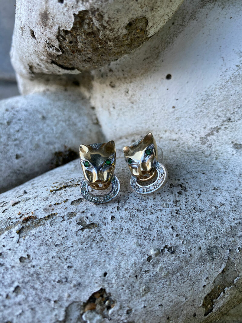 9ct Gold, Diamond & Emerald Panther Earrings