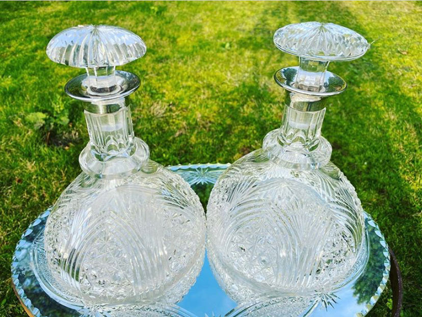 Pair of Cut Crystal Ship’s Decanters with Silver Collars