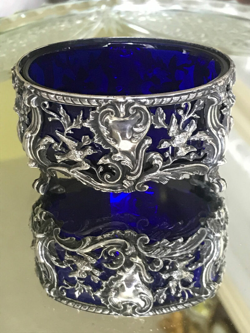 Continental Silver Pierced Salt with Blue Glass Liner