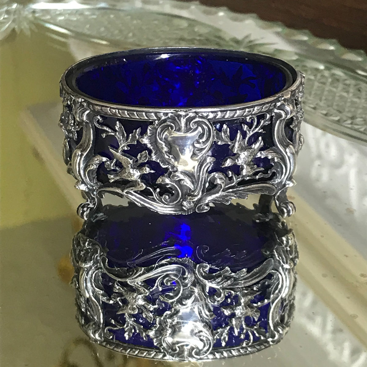 Continental Silver Pierced Salt with Blue Glass Liner