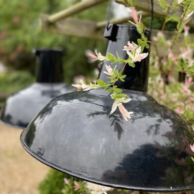 Pair of Mid 20c Industrial Hanging Pendant Enamel Shades