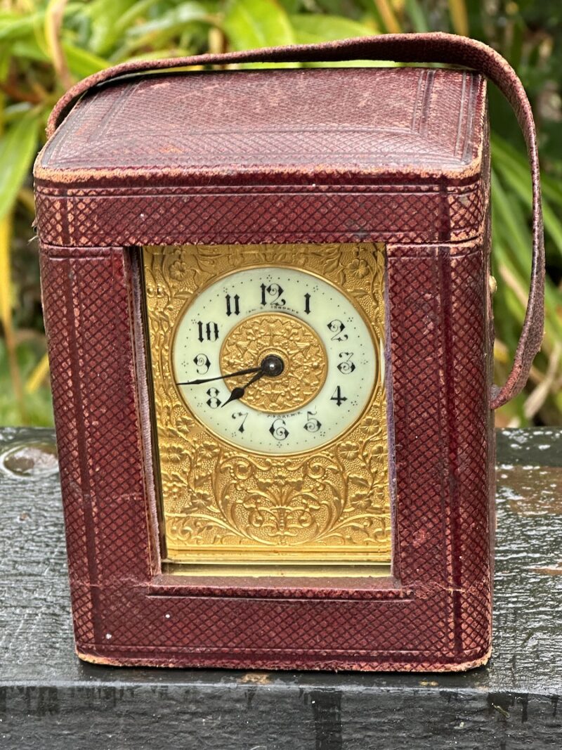 Late 19c French Brass Carriage Timepiece in Leather Carrying Case - Image 2