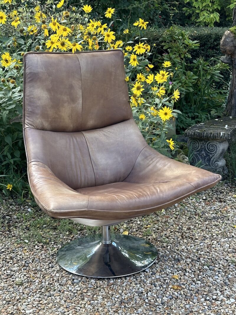 Mid 20c Style Brown Leather Chair with Chrome Swivel Base by Designer ANDREW MARTIN - Image 2