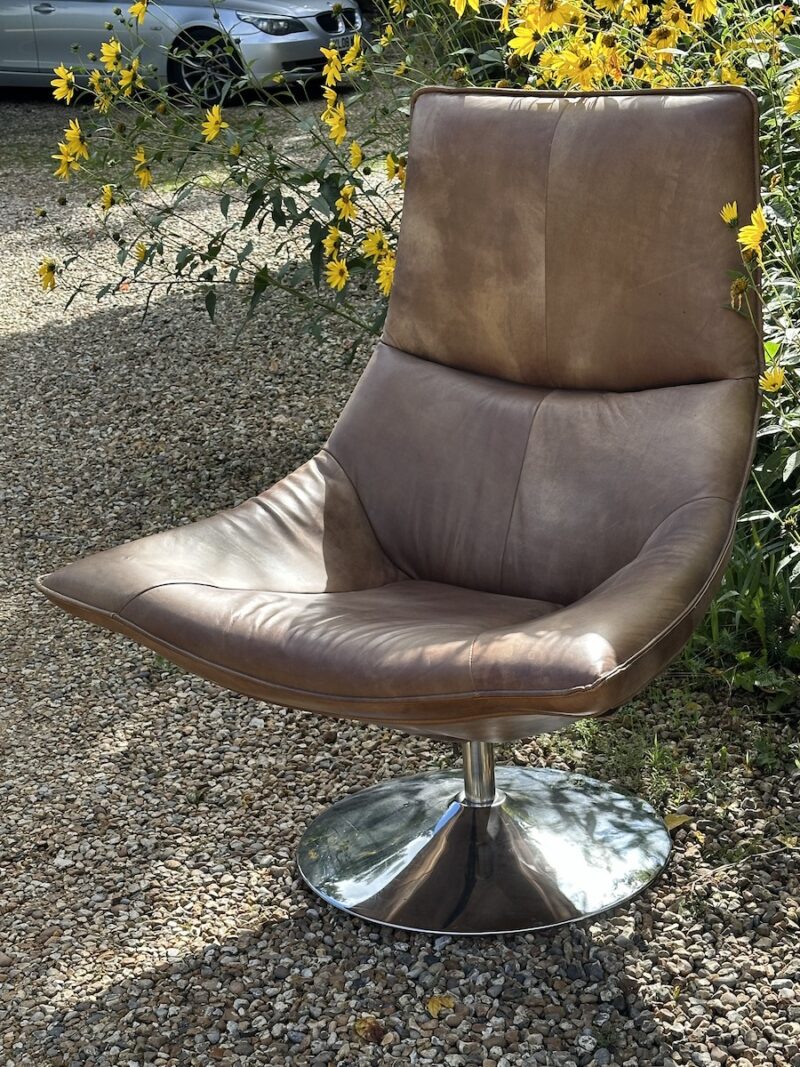 Mid 20c Style Brown Leather Chair with Chrome Swivel Base by Designer ANDREW MARTIN