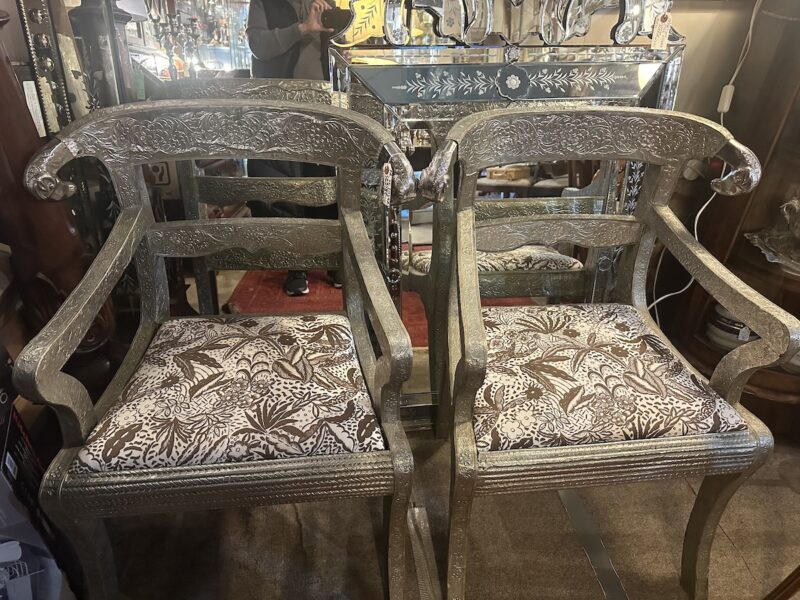 Pair of Silver Carver Chairs with Upholstered Seats