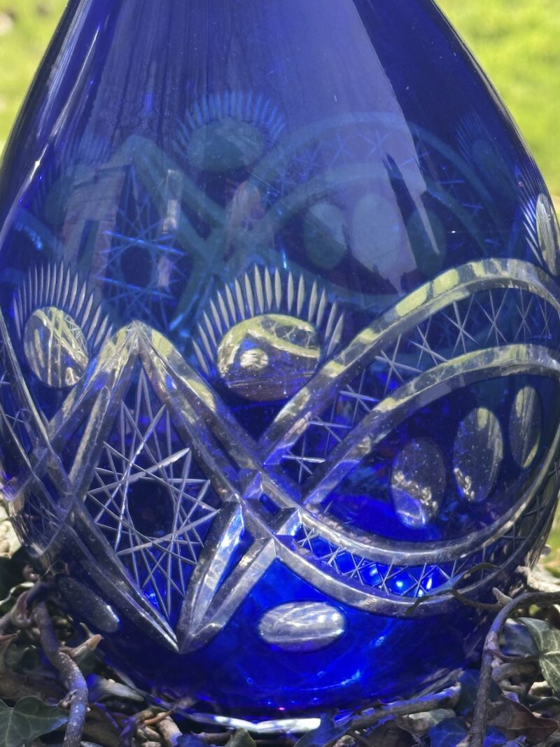 Pair of Cut Crystal Decanters with Blue Overlay - Image 2
