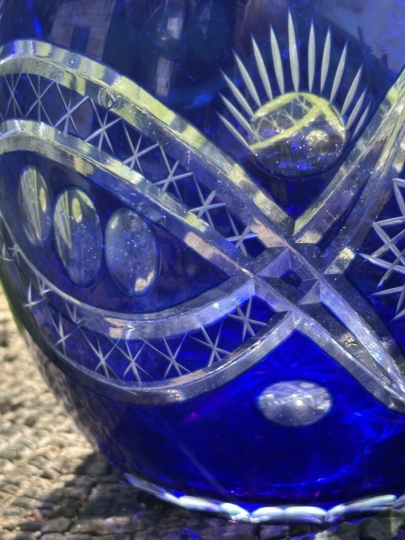 Pair of Cut Crystal Decanters with Blue Overlay - Image 3