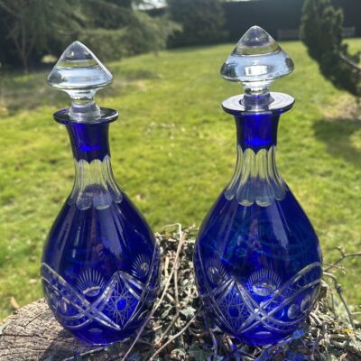 Pair of Cut Crystal Decanters with Blue Overlay
