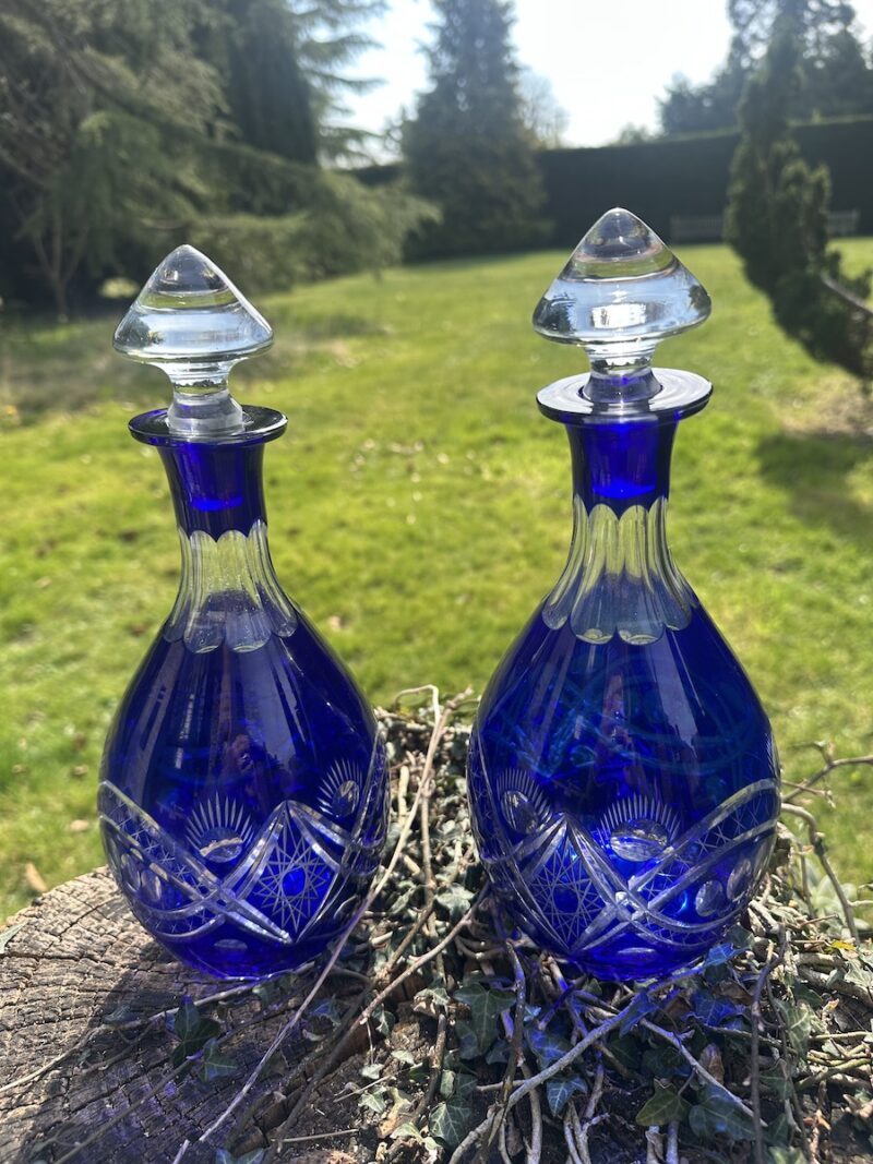 Pair of Cut Crystal Decanters with Blue Overlay