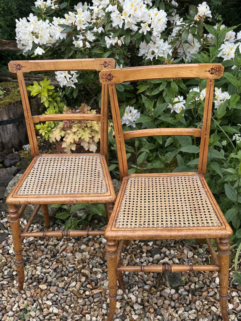 Victorian Pair of Painted Satin Beech & Cane Work Occasional Chairs