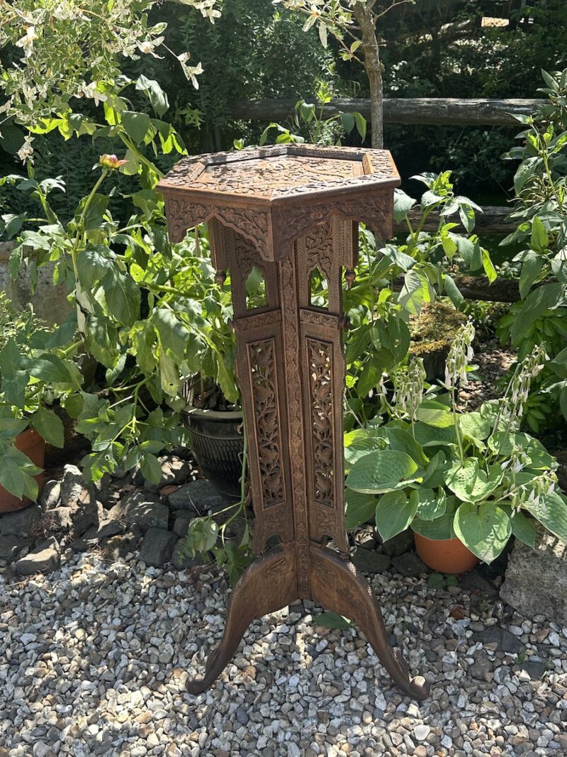 Indian 19c Finely Carved Teak Tall Plant Stand