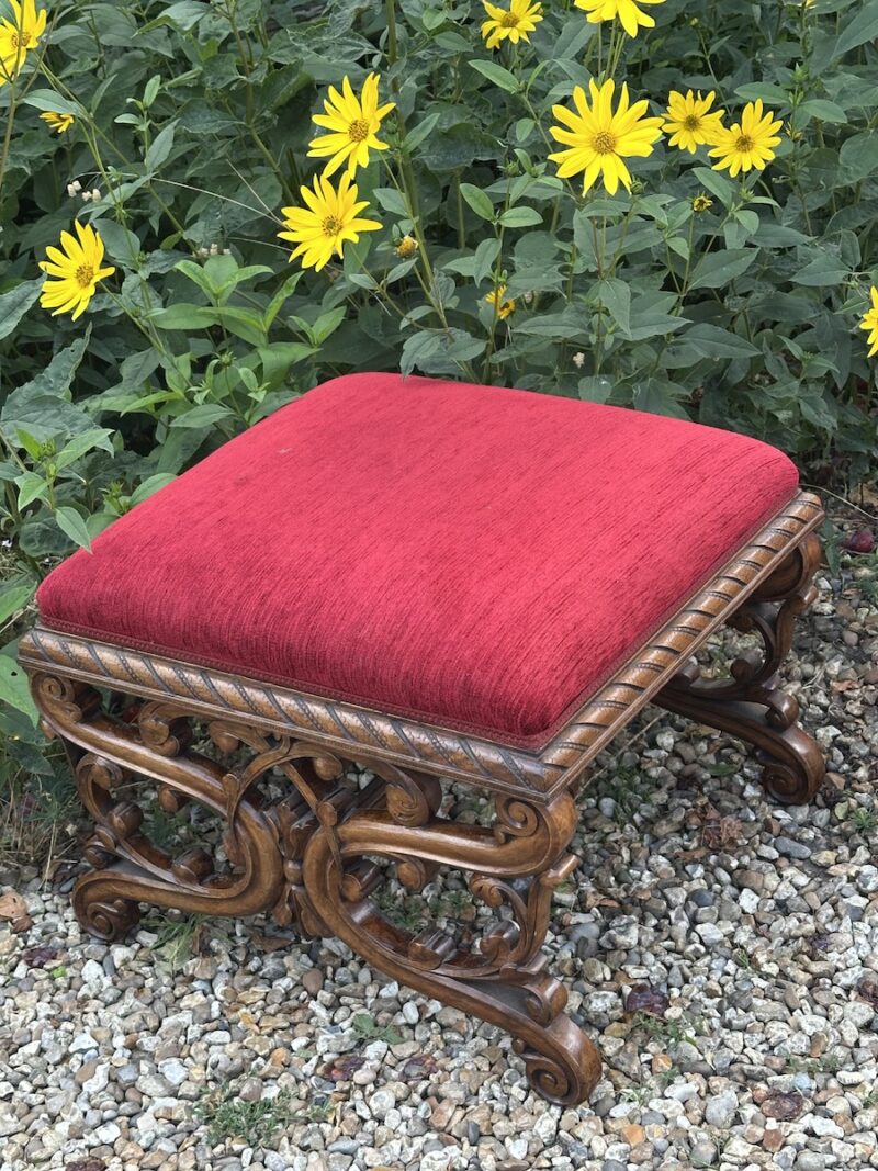 Carved, Upholstered, Walnut Stool