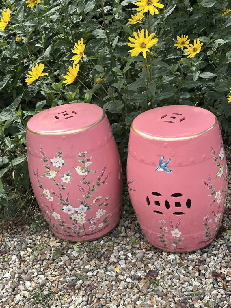 Pair of Chinese Style Pink Pottery Barrel Stools / Garden Seats - Image 2