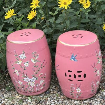 Pair of Chinese Style Pink Pottery Barrel Stools / Garden Seats