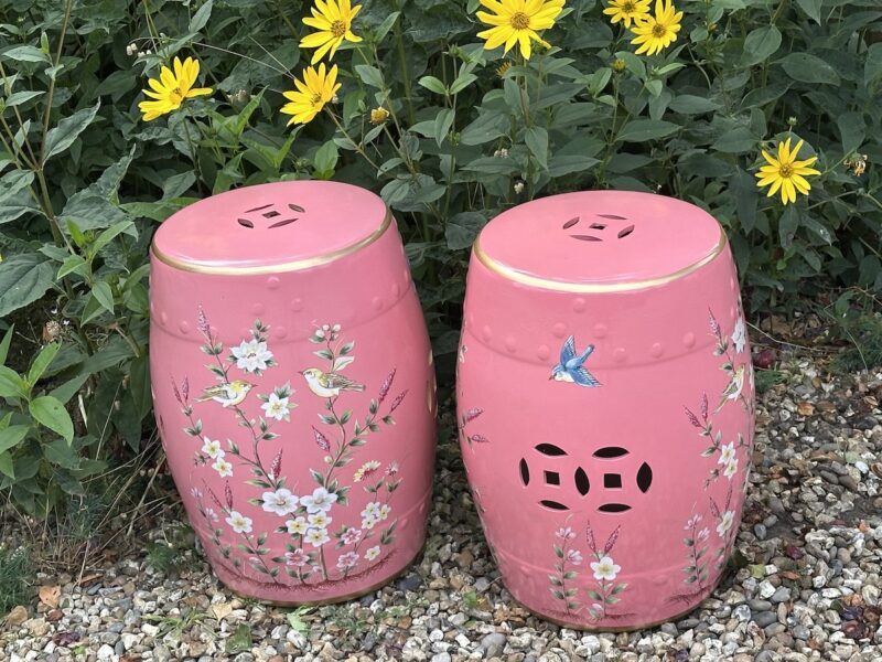 Pair of Chinese Style Pink Pottery Barrel Stools / Garden Seats