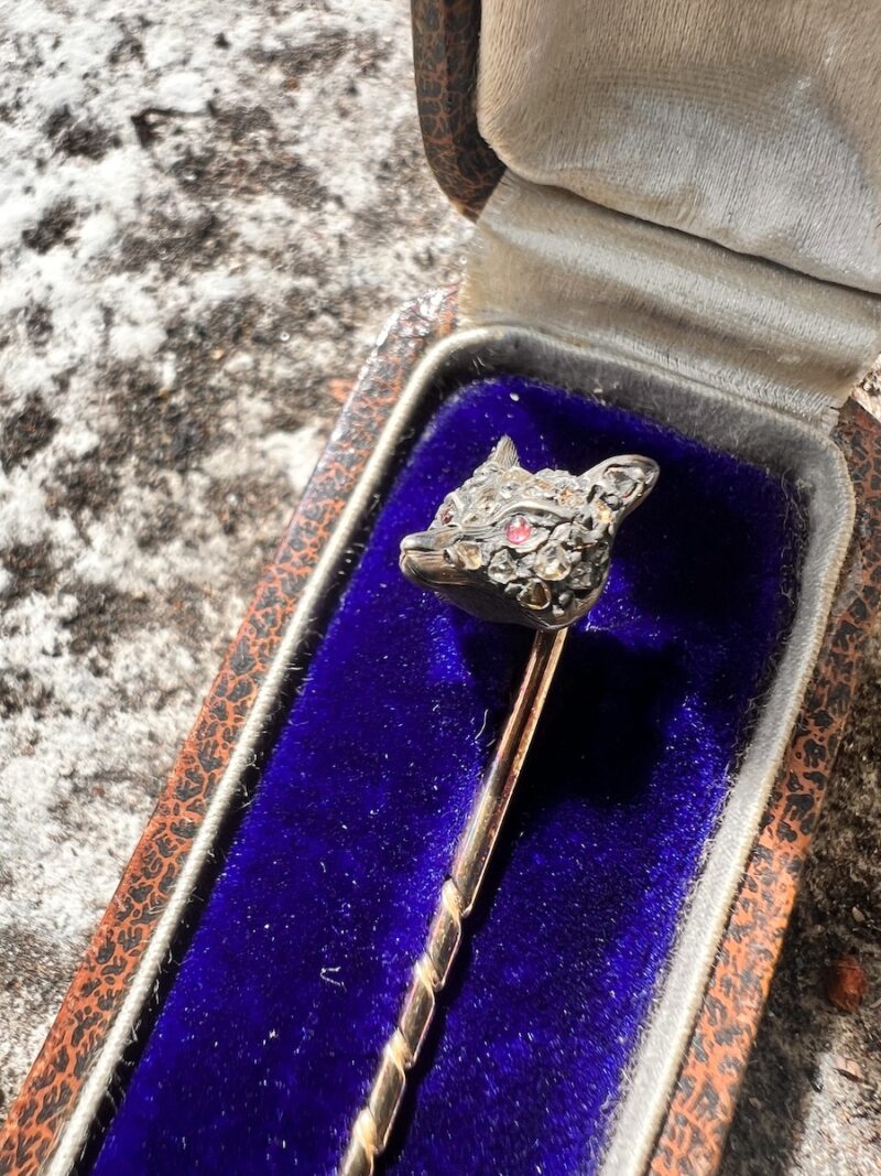 Gold Stock Pin - Diamond Encrusted 'Fox Head' with Ruby Eyes