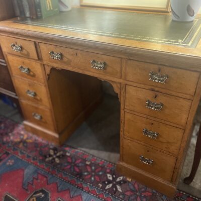 Double Pedestal Oak Desk with Brass Handles & Tooled Leather Top