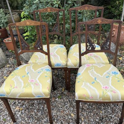 Set of 4 Edwardian Inlaid Chairs Upholstered in Top Quality French Silk Damask