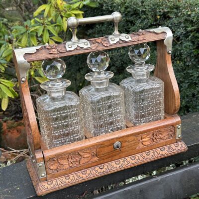 Victorian Carved Oak Tantalus with Silver Plate Trim & 3 Cut Crystal Decanters