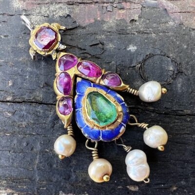 Antique Gilt & Enamel Pendant with Pearls & Rubies