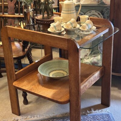 Art Deco Solid Oak Occasional Table with Plate Glass Top