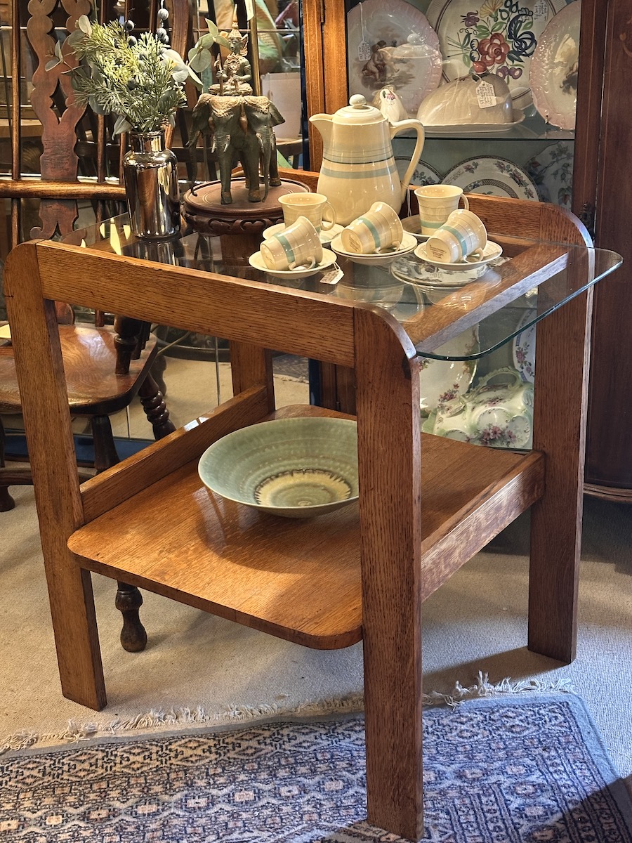 Art Deco Solid Oak Occasional Table with Plate Glass Top