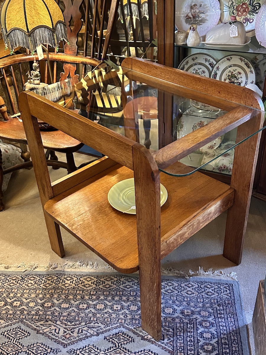 Art Deco Solid Oak Occasional Table with Plate Glass Top - Image 2